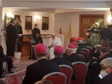 Pope Francis addresses an ecumenical meeting at the apostolic nunciature in Bratislava, Slovakia, Sept. 12, 2021.